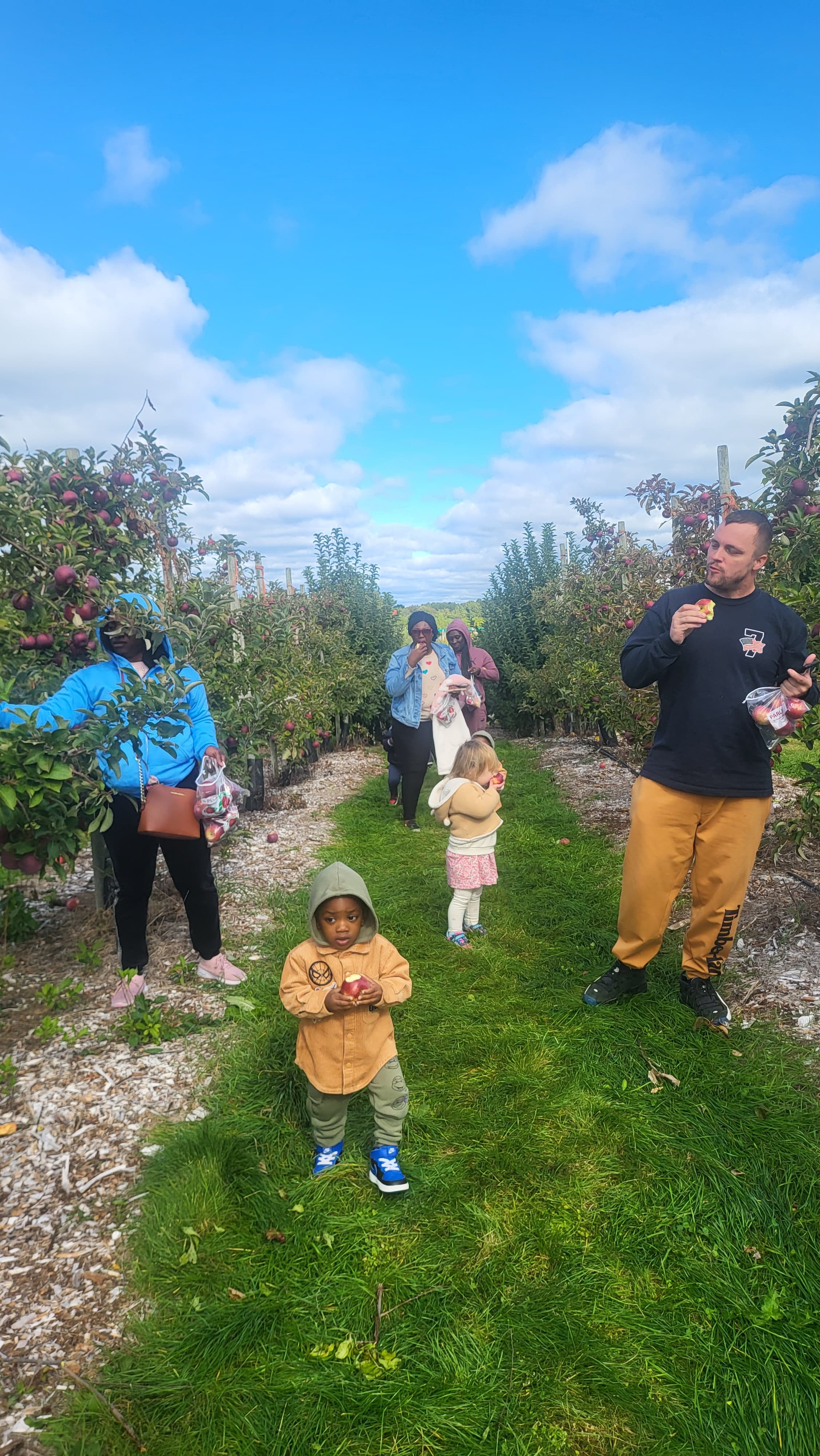 Students at apple farm with teachers